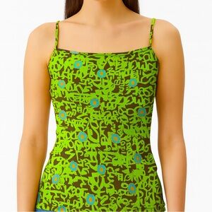 Aquarella Green Graffiti Floral Swim Tank Top Cross Back Spaghetti Strap